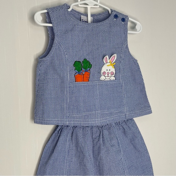 Vintage Samara Girls Bunny Seersucker Outfit Blue White S 24 Months - Picture 2 of 15